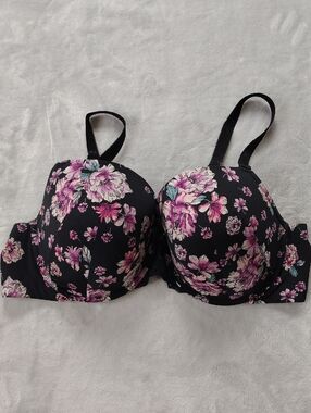 Torrid Curve Perfect Coverage Black & Pink Floral Push Up Smooth Bra Size 46 C